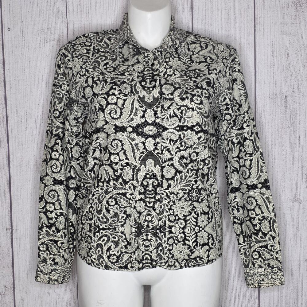 Women's Panhandle Slim Floral Paisley Western Shirt Black White Cotton - Large